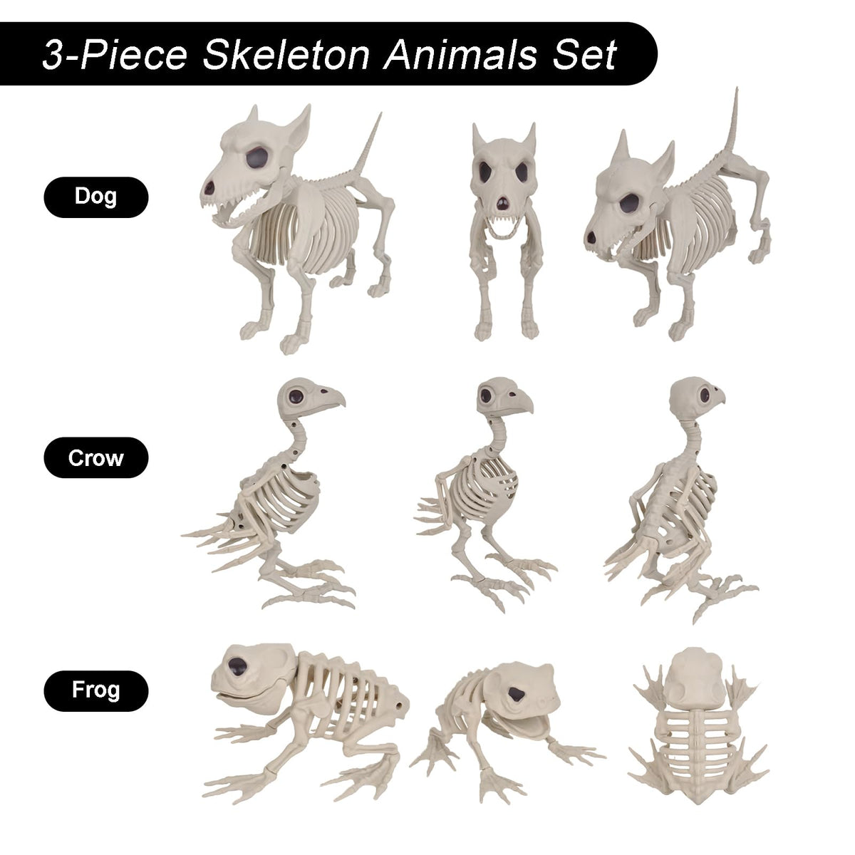 HRONG 3PCS Animal Skeleton Figurines, Plastic Skeletons Dog Crow Frog Ornaments, Halloween Skeleton Decorations for Home Office Desk, Spooky Party Favors & Gifts for Men Women