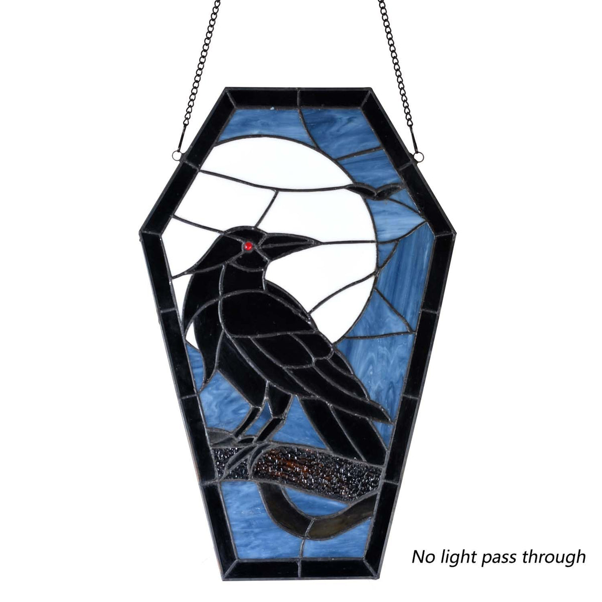 Bieye W12001 Gothic Raven Stained Glass Window Panel, Tiffany Style Hanging Suncatcher for Halloween Decor (Dark Blue, 16" H Coffin-shaped)