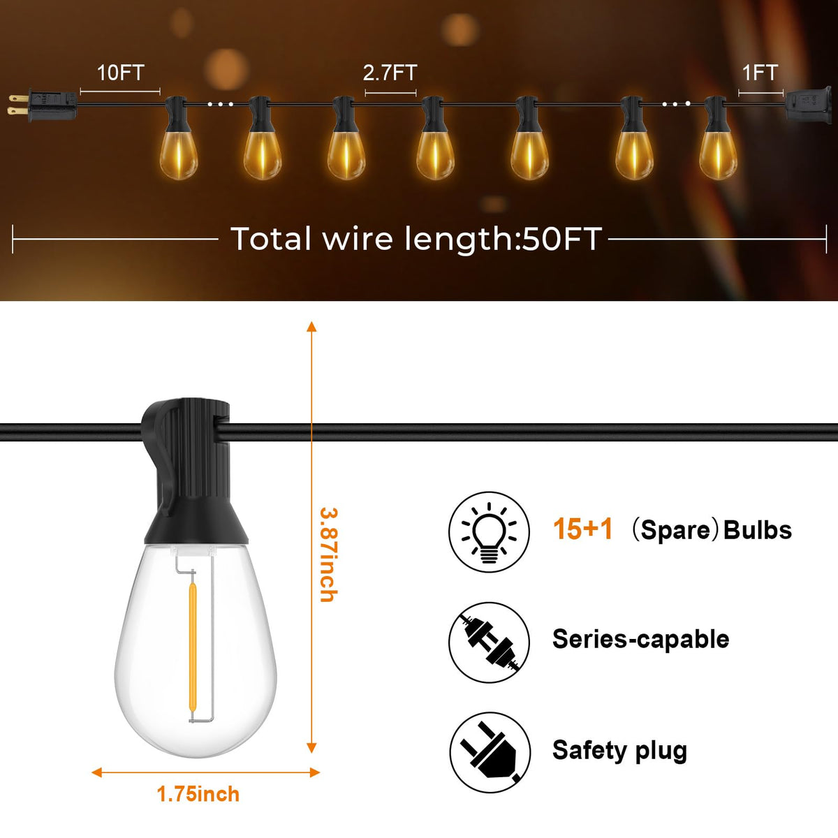 GvvooHome 50FT LED Outdoor String Lights with 16 Shatterproof Waterproof Replaceable Bulbs(1 Spare), 2700K Commercial Grade Patio Lights, Outside Hanging Light for Yard Garden Porch Deck Decor