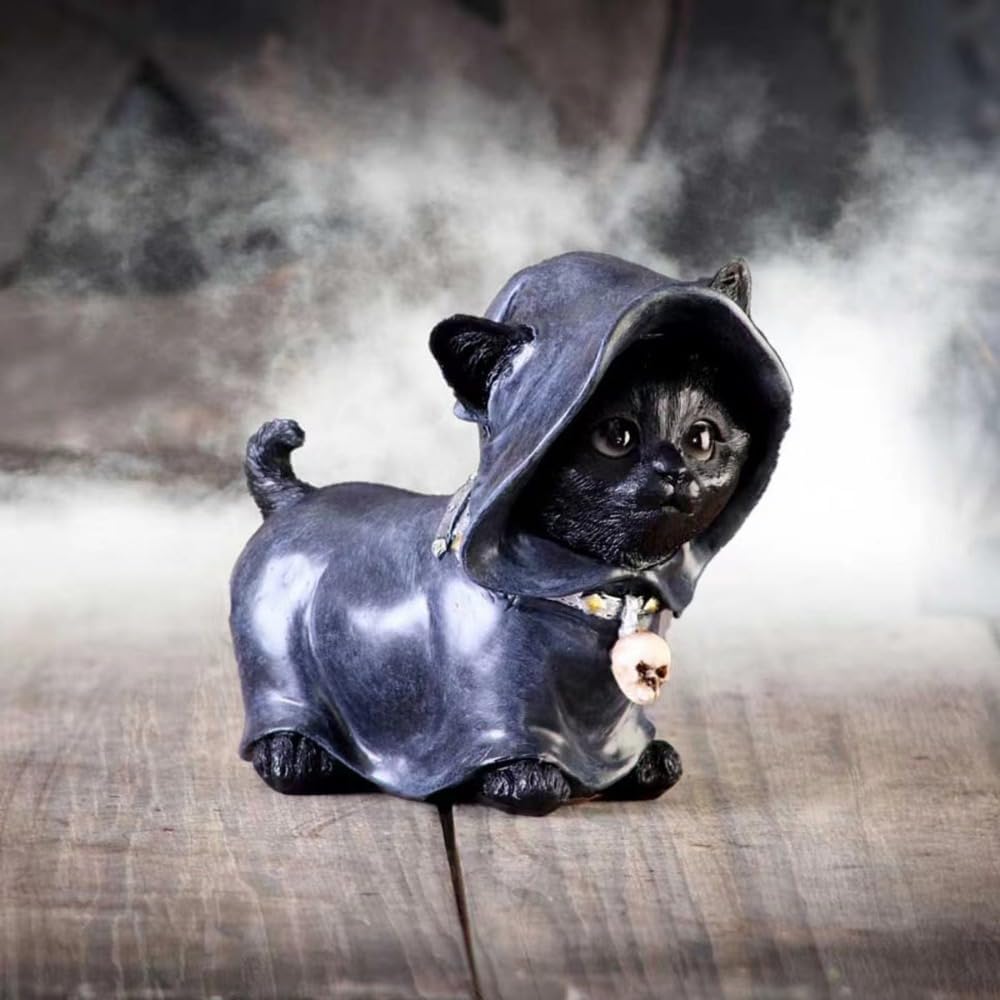 zhuja Halloween Cat Statue Decoration Black Cat Eating Gnome Statues Weird Gnomes Figures Decor for Outdoor Patio Lawn Yard Decor (Cape)