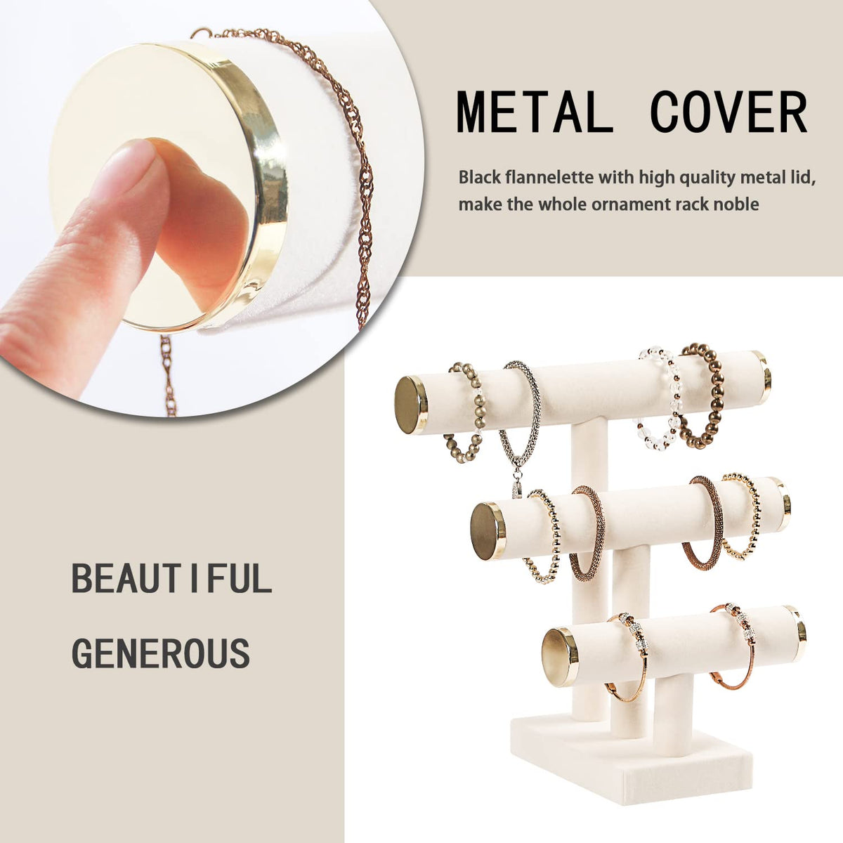 Pengup 3 Tier Bracelet Holder,Bracelet Display Stand with Metal Cap,Beige White Velvet Jewelry Organizer Displays for Necklace Scrunchies Watches Hair Ties.