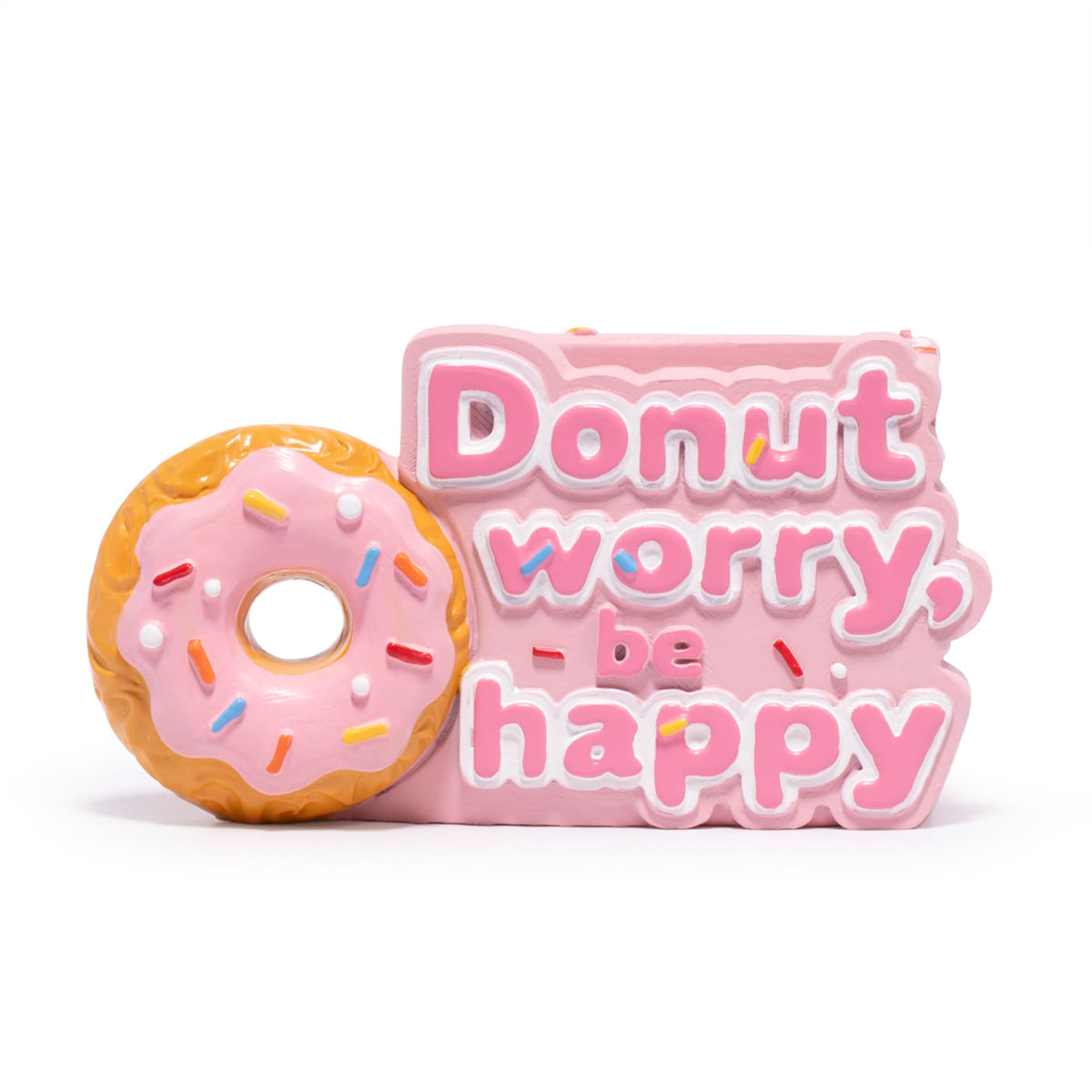 ZAWUU Donut Shaped Organizer - Cute Pink Resin Donut Worry, Be Happy Multi-Use Holder for Pens, Makeup Brushes, Utensils, and More – Perfect Desk or Kitchen Accessory Gift