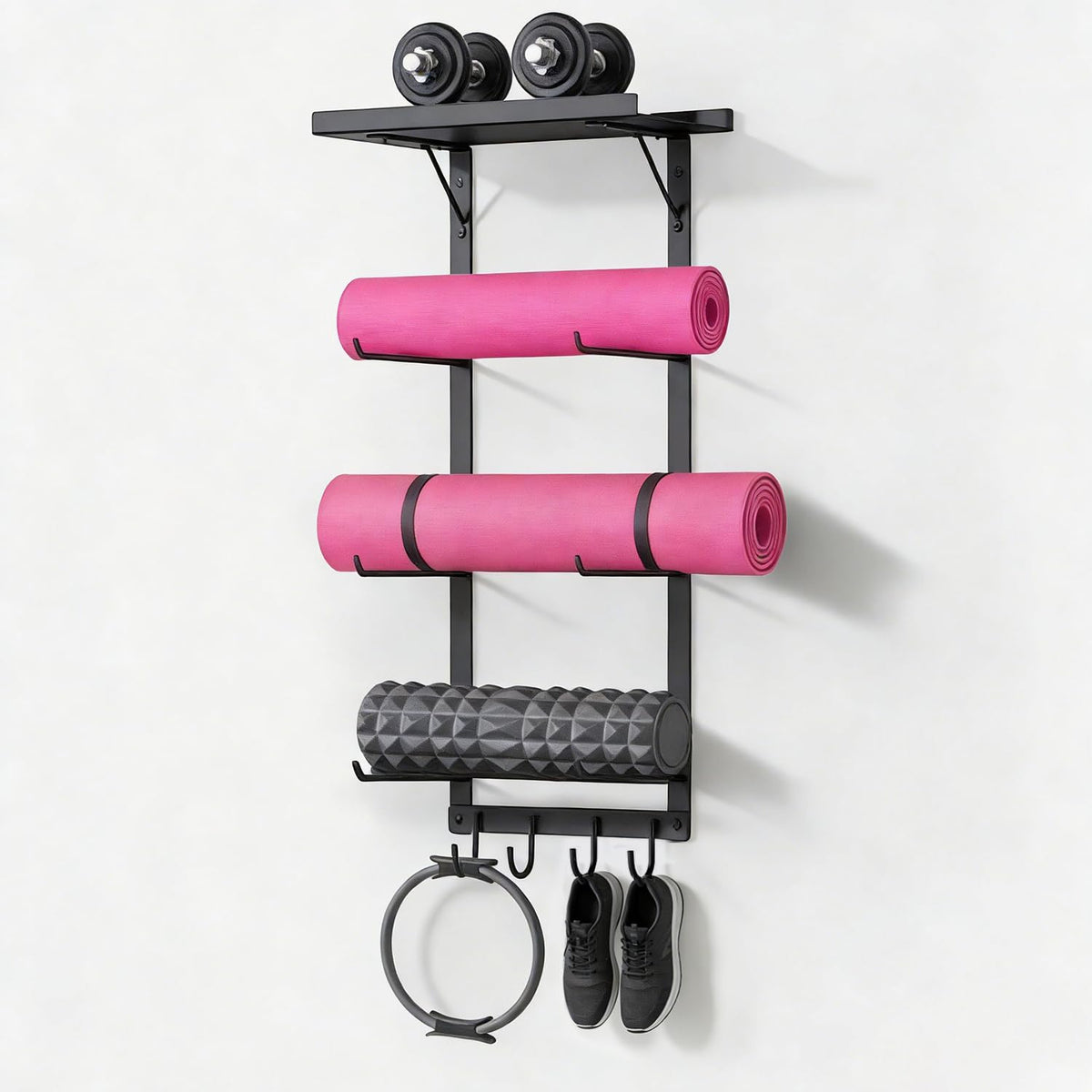 LFIPYM Black Wall Mount Yoga Mat Holder with Floating Shelf & 5 Hooks, Home Gym Storage Rack for Yoga Mats, Foam Rollers and Resistance Bands, Metal