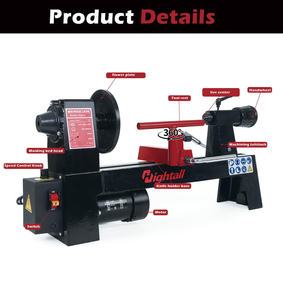 Wood Lathe Machine, 8x 12 inch Benchtop Wood Lathe,1/3 HP Infinitely Variable Speed 750-3200 RPM,for Woodworking, Woodturning