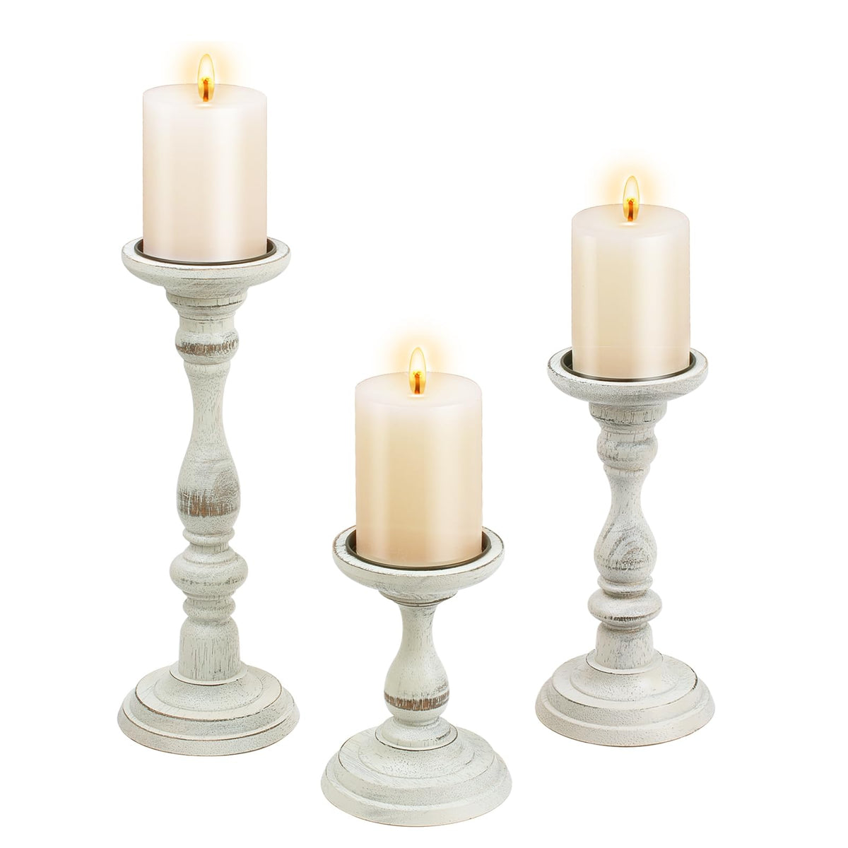 Rustic Distressed Wooden Candle Holder Set of 3 for Pillar Candles, Farmhouse Wood Candle Stands for Table Centerpieces & Living Room Home Decor (Rubber Wood(Distressed White))