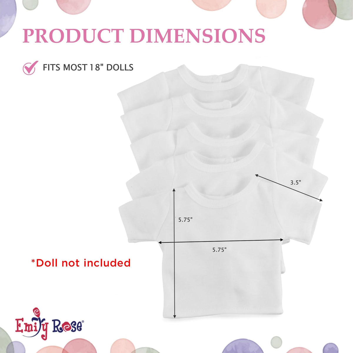 Emily Rose 5-Pack White 18 Inch Doll T-Shirts - 80/20 Cotton/Poly | Doll Clothes Wardrobe Basics – Fits American Girl & Our Generation Dolls – for DIY Crafts, Tie Dye Sublimation & More