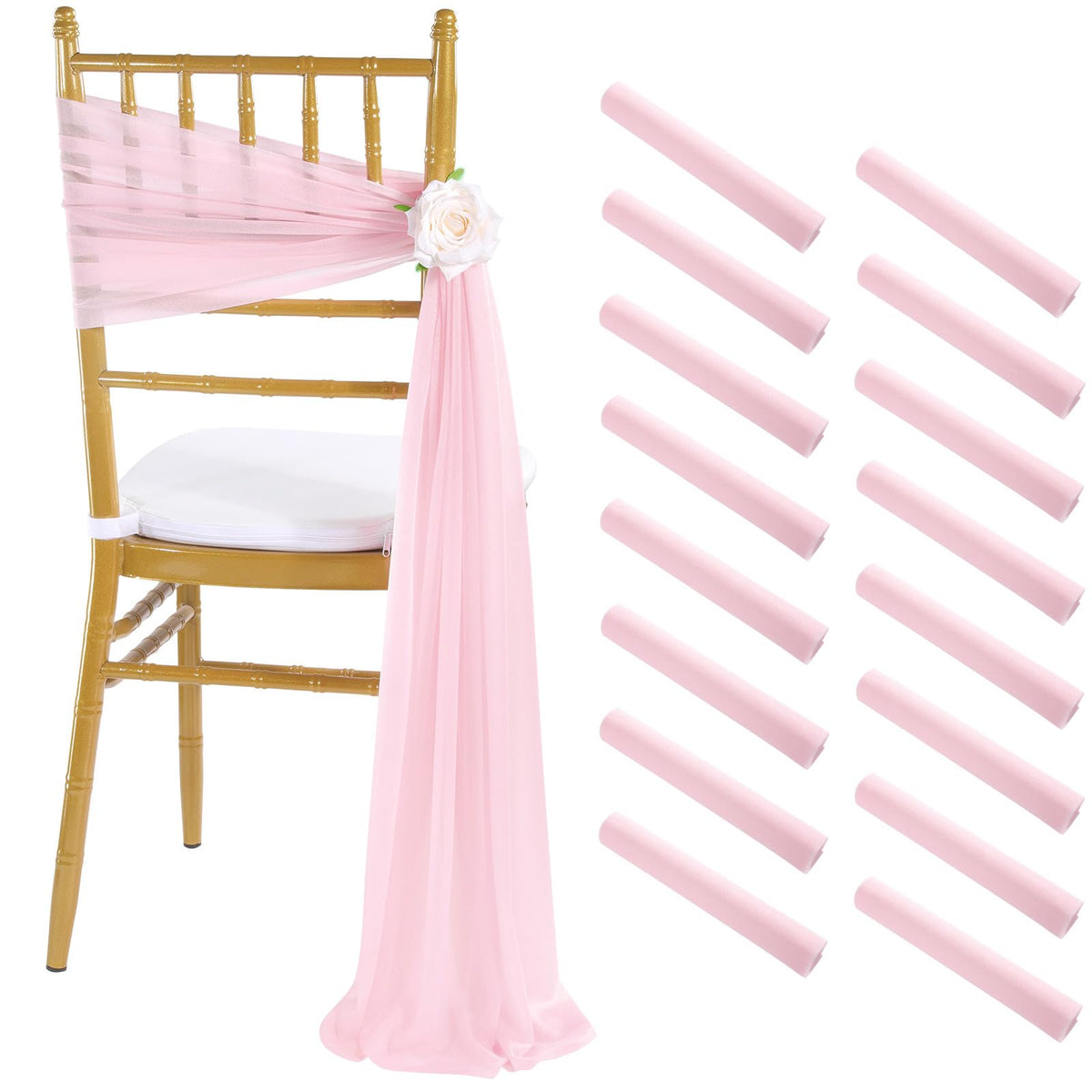 Fanqisi Pink Chair Sashes 16 Pieces 240cm Long Chair Bows Sashes Sheer Tulle Flowy Fabric for Wedding Aisle Chairs Decoration