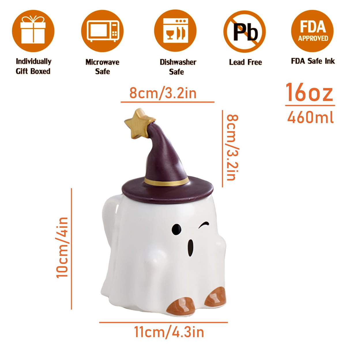 J.Ehonace Spooky Ghost Ceramic Coffee Mug 16oz – Adorable Halloween Design with Witch Hat & Stars – Microwave/Dishwasher Safe – Festive Home Decor & Holiday Coffee Cup