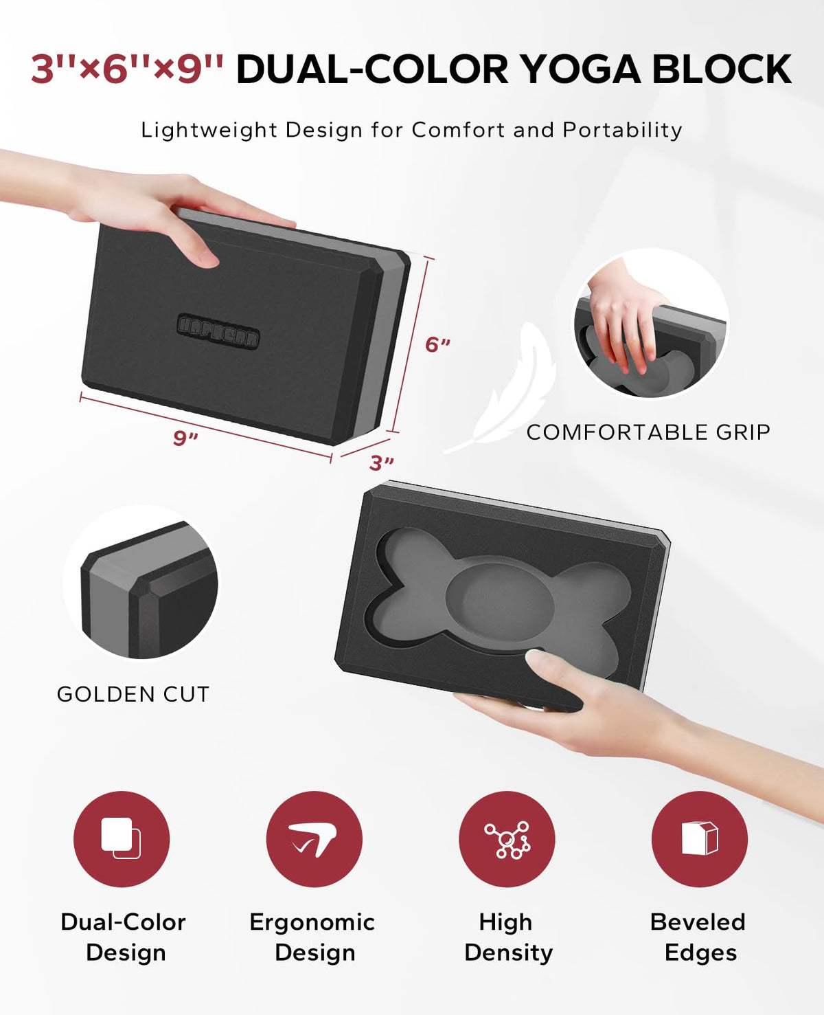 HAPBEAR Yoga Blocks 2 Pack - 9x6x3in High-Density EVA Foam with Non-Slip Textured Surface, Supportive for Deep Stretching & Lightweight - Ideal for Yoga, Pilates - Black