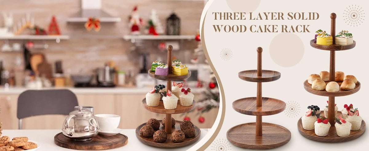 BURMAN Cupcake Stand Dessert Table Display Set – 2 in 1 Adjustable Height Rustic Natural Acacia Cupcake Holder Round Wood Tray – Three Tiered Serving Stand with Rotating Wheels, Anti Slip Stickers