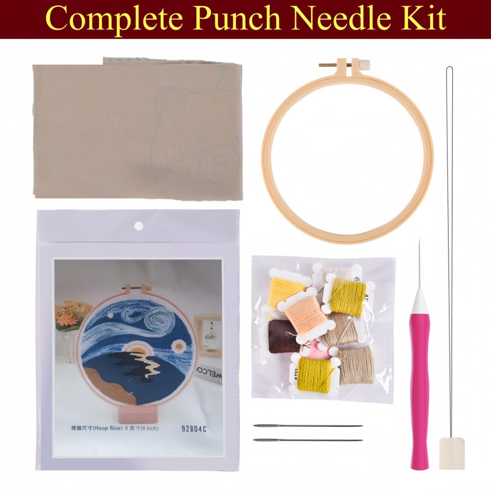YEESAM Art Punch Needle Kit with The Starry Night Patterns, Full Set DIY Punch Needle Tufting Coaster Yarn Rug Embroidery Set with Hoop Tool, Easy Craft for Adults Beginners