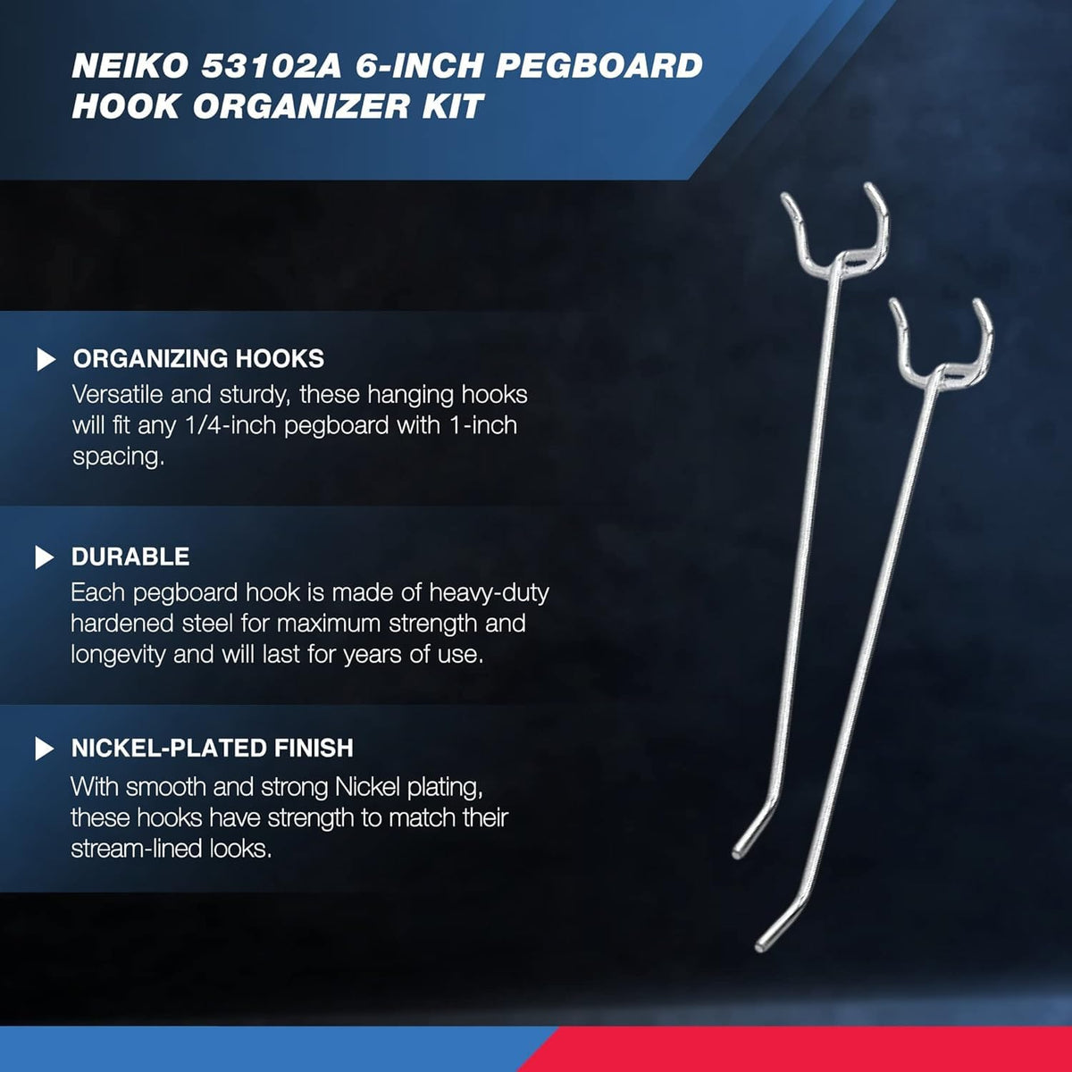 Neiko 53102A 6” Pegboard Hook Organizer Kit, 50 Pack, Hanging Hooks Set for Garage Organization, Great for Wall Hanging and Shelving, Tool Storage, Craft Organizing