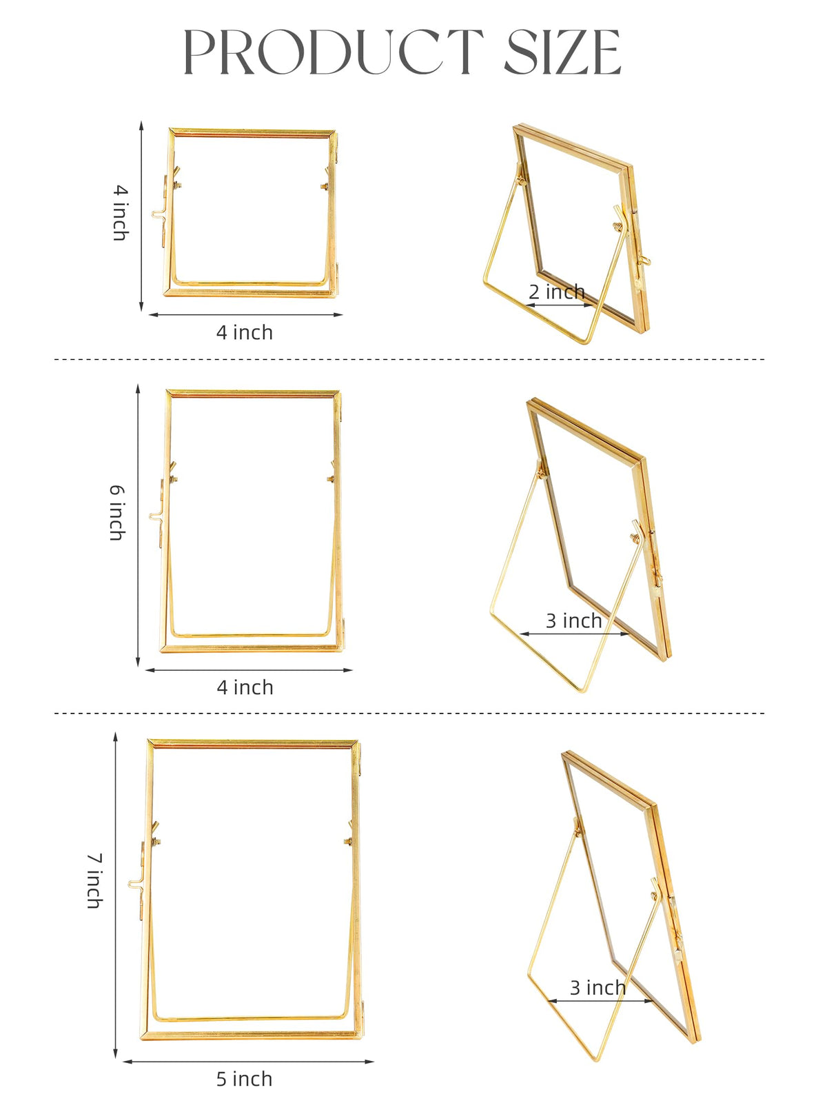 REDHUGO Glass Frame for Pressed Flowers Handmade, Double Glass Floating Picture Frame Set, Brass Photo Frame, Standing Frame Set, Small Picture Frame, Gifts for Family, 4×4", 4×6", 5×7", Gold