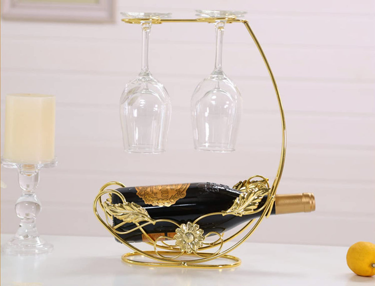 Hongiuia Metal Wine Rack, Tabletop Wine Glass Holder, 1 Bottle+4 Cups Gold