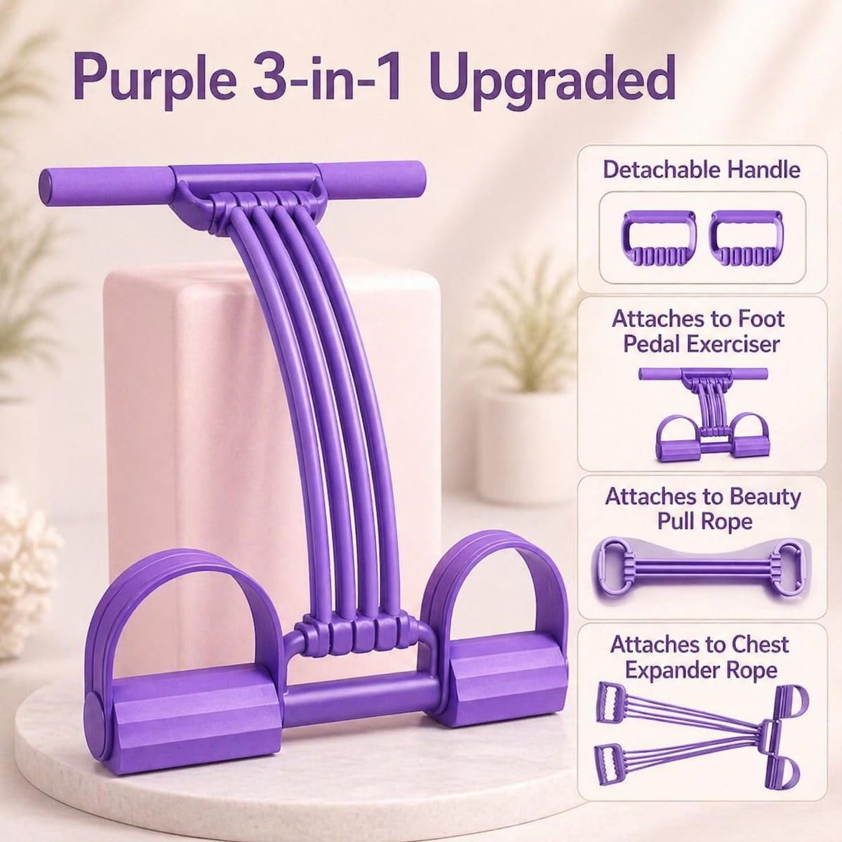 2026 Upgrade Pedal Resistance Band with Handle,8 Tube Detachable Elastic 3-in-1 Multifunctional Foot Pedal Resistance Assistance Expander for Foot Pedal Pull, Back Stretch & Chest Expand (Purple)