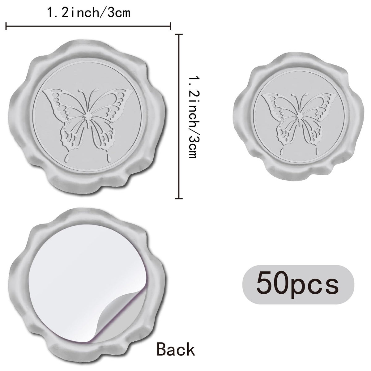 CRASPIRE 50pcs 1 Box Butterfly Wax Seal Stickers Silver Wedding Invitation Envelope Sealing Stickers Decoration Stickers Adhesive Envelope Decor for Christmas Gift Birthday Party Craft Scrapbook DIY