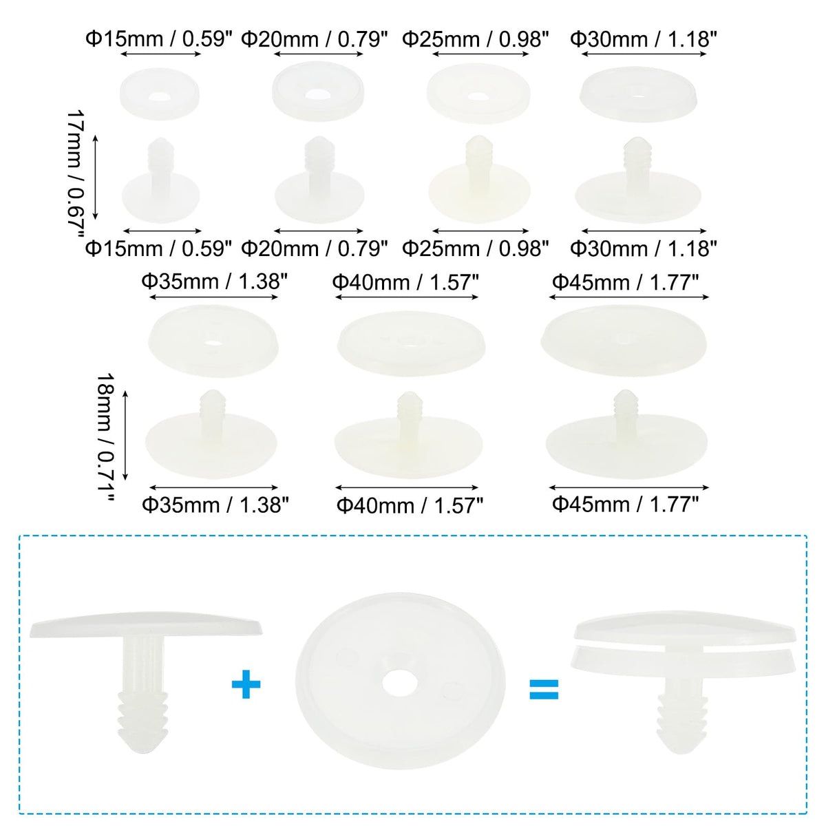 PATIKIL 15, 20, 25, 30, 35, 40, 45mm Doll Joints, 42 Set Plastic Removable Animal Joints Connector Engage Bolt for Bear Limbs Making Head Joints DIY Crafts