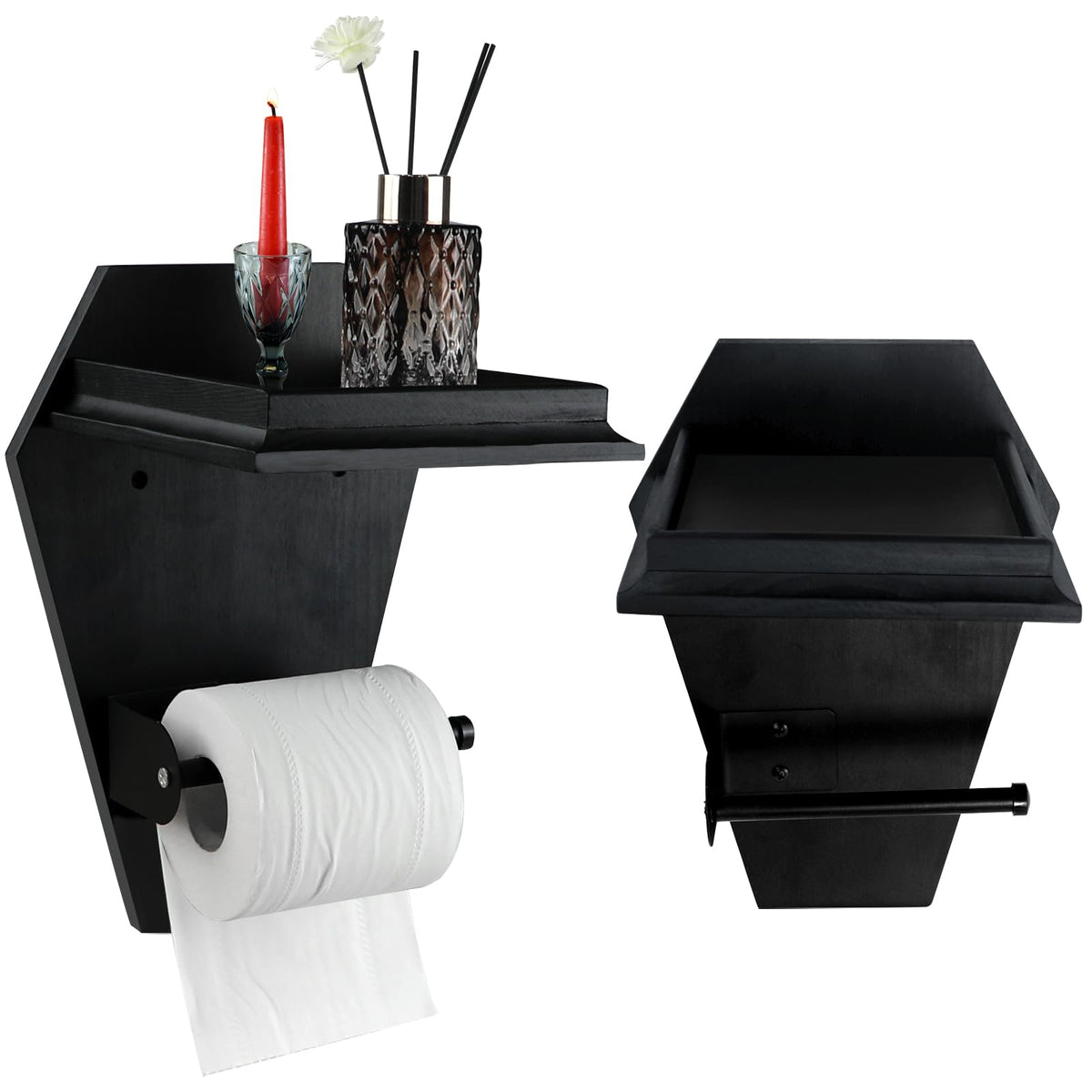 Coffin Toilet Paper Holder with Shelf - Goth Wooden Black Paper Roll Holder - Gothic Halloween Bathroom Decor - Goth Accessories Spooky Home Decor - Witchy Gifts for Women