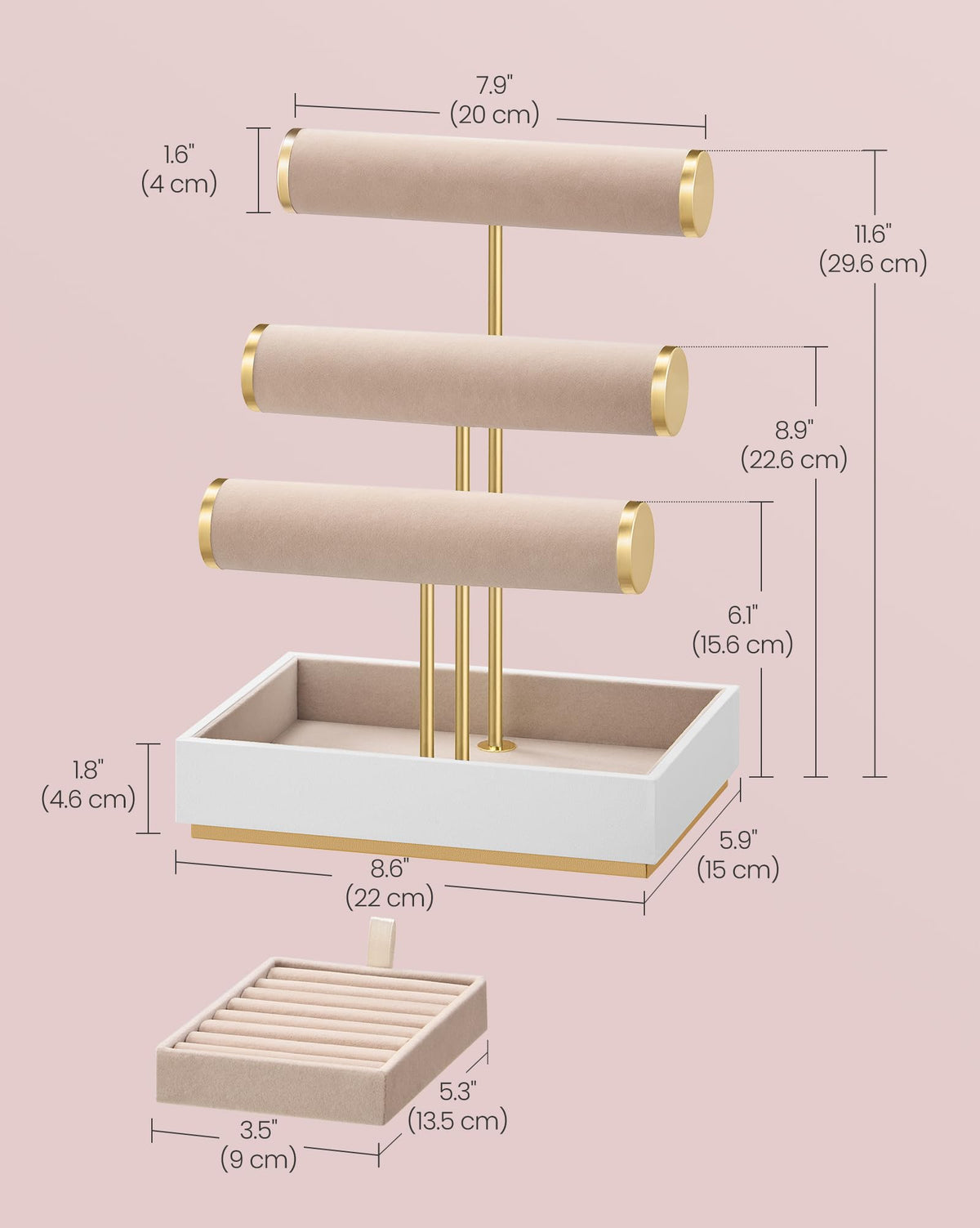SONGMICS Bracelet Holder Stand, Jewelry Display Stand, Jewelry Organizer, with 3 Tiers and Velvet Tray, Removable Ring Holder, Cloud White and Camel Brown UJJS027A01