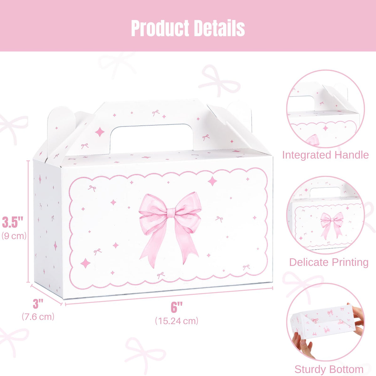 48 Count Pink Bow Treat Boxes Party Favors - 6x3.5x2.9 Inch Goodie Gift Boxes, Cute Bow Themed Candy Dessert Boxes for Birthday, Bridal & Baby Shower, Bachelorette, Engagement Party Supplies,4 Assorted Designs