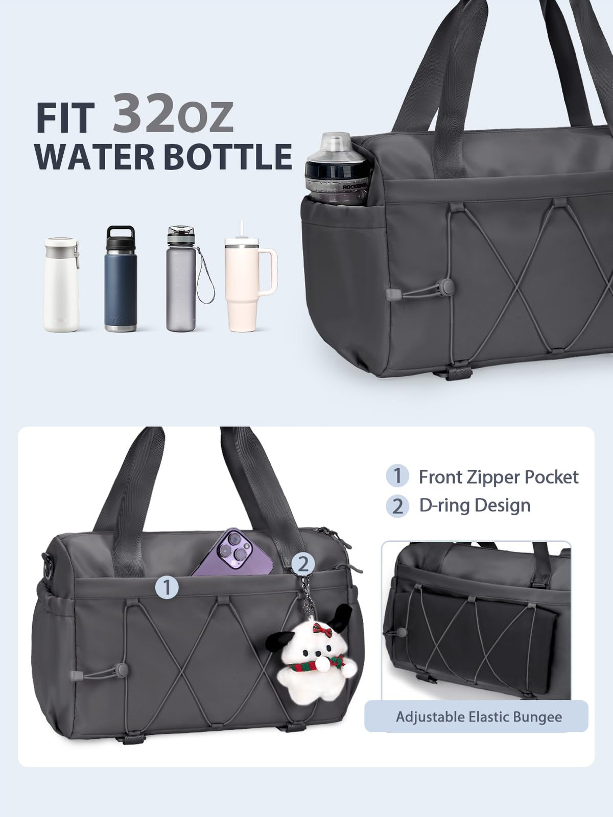 Small Gym Bag for Women with Yoga Mat Holder and Wet Compartment, Mini Gym Duffle Bag Yoga Bag with Water Bottle Pocket for Workout Travel, Dark Gray