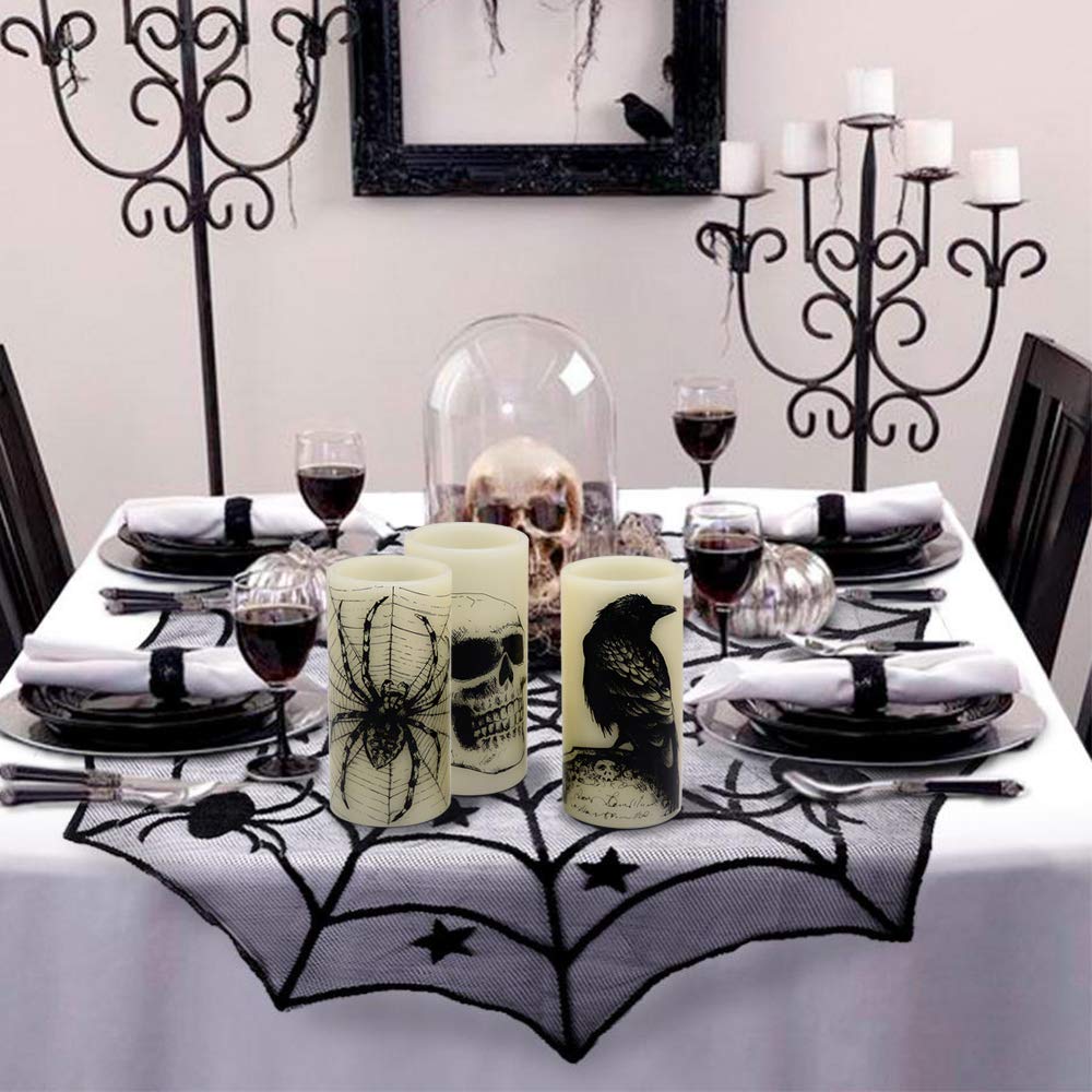 Wondise Halloween Flickering Flameless Candles with 6hrs Timer, Battery Operated LED Real Wax Candles Set of 3 Skull, Spider Web, Crow Raven Decals Halloween Home Decoration Gifts(3 x 3 x 6 Inch)