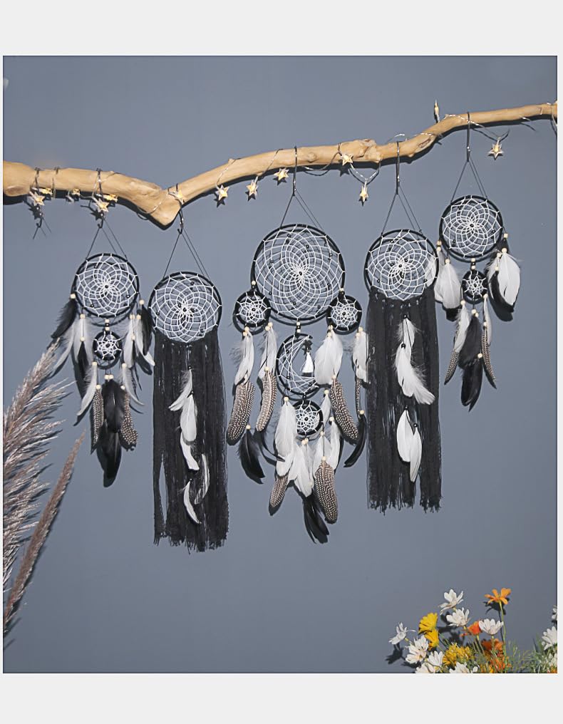 Boho Dream Catcher Wall Hanging Set of 5 Large Moon Dream Catchers with Luxurious Feathers and Beads, Handcrafted Wall Decoration for Bedrooms, Nurseries and Living Rooms (Gray)