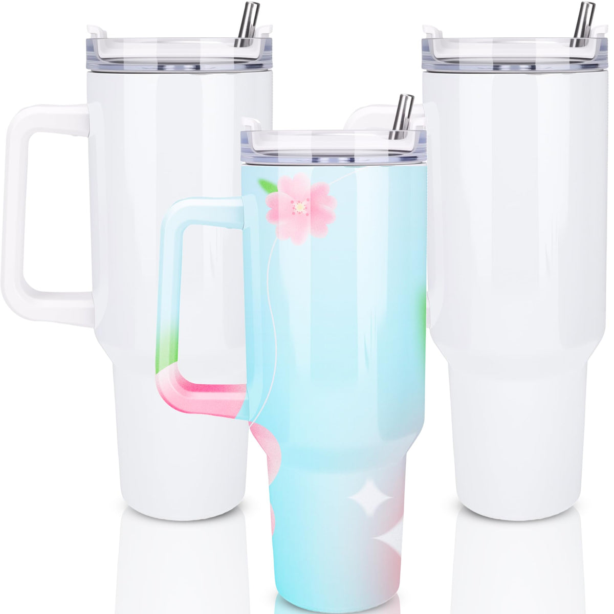 Fallhork 3 Pack 40 oz Sublimation Tumblers with Handle and Straw Lid Stainless Steel Blanks White Large Tumblers Coffee Cup for DIY Craft Heat Press Print