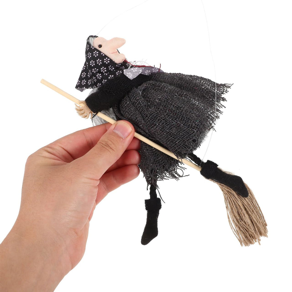 DIYEAH Halloween Witch Doll Decor with Broomstick for Indoor Outdoor Party Decoration, 9.44 Inch Grey Hanging Witch Figurine with Red Accents