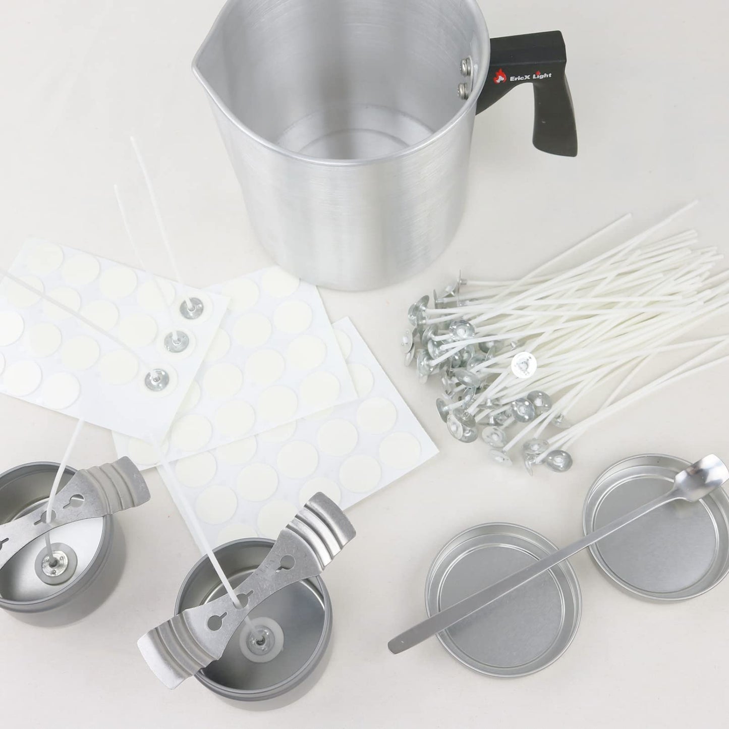 EricX Light Candle Making Kit, 60pcs Candle Wicks, 60pcs Candle Wicks Sticker, 1pc Candle Wax Pouring Pot, 2pcs 3-Hole Wicks Centering Devices, 1pc Mixing Spoon, DIY Candles Craft Tools