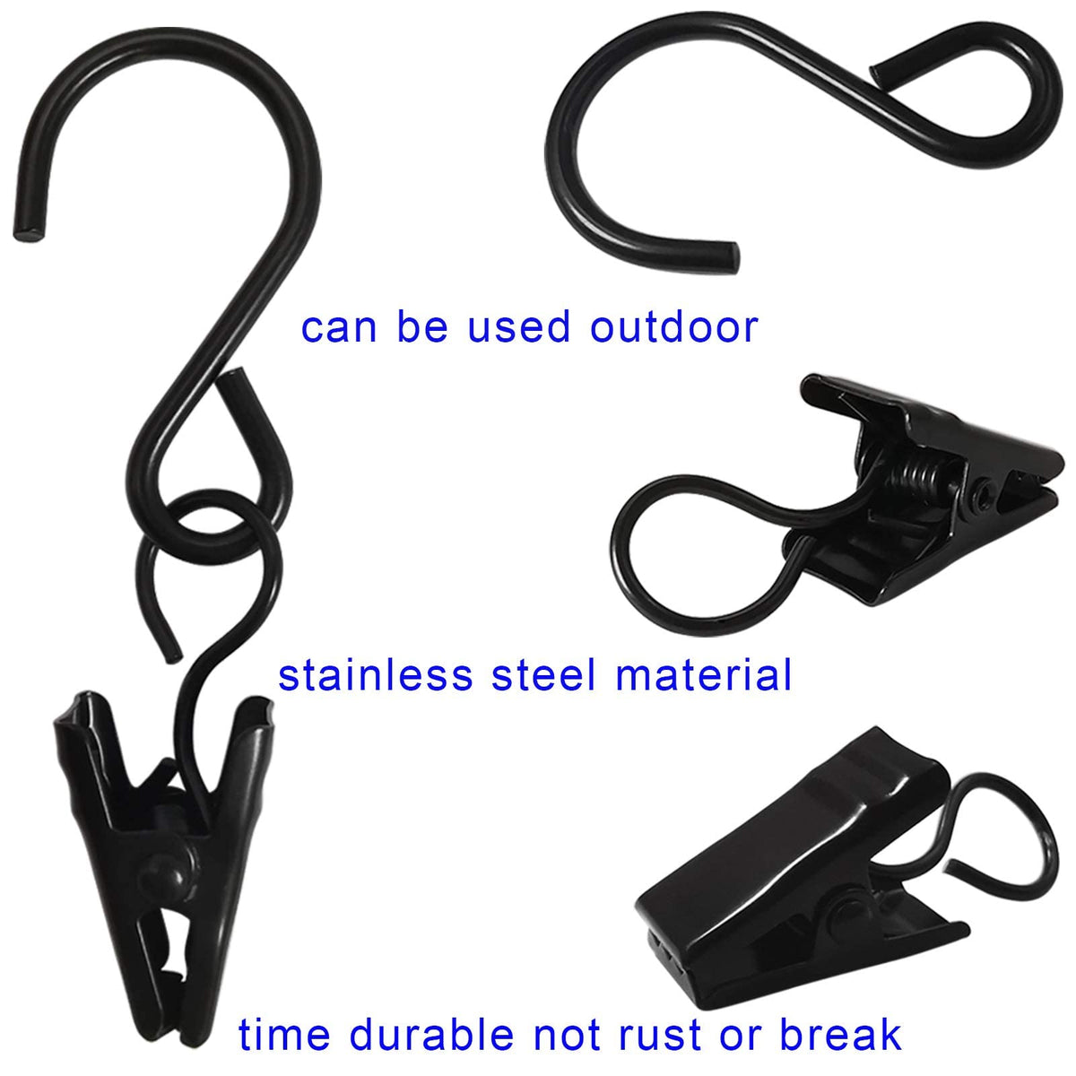 AMZSEVEN Stainless Steel S Hooks Curtain Clips, 50 Pack Hanging Party Lights Clips Hangers Gutter Photo, Art Craft Display, 2.4 Inch Long, Black