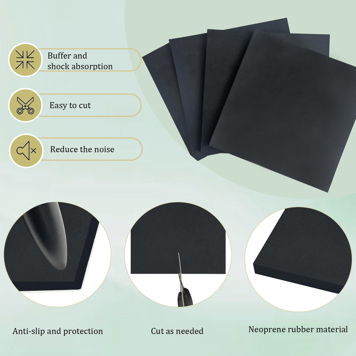 4 Pieces Neoprene Rubber Pads with Adhesive Backing 1/4 in Thick x 4 in x 4 in, Anti Vibration Pads, Rubber Block for Anti-Slip, Shock Absorption, Protection