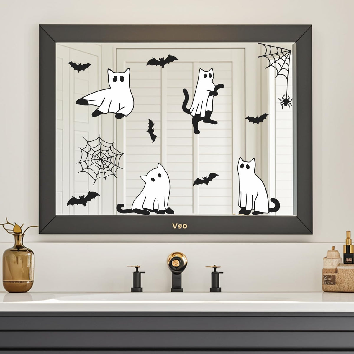 IARTTOP Happy Halloween Window Clings Sticker (100x30cm) Ghost Boo Wall Decals Spider Web Bat Window Stickers Halloween Black Cats Double Sided Decals for Glass Party Home Decoration