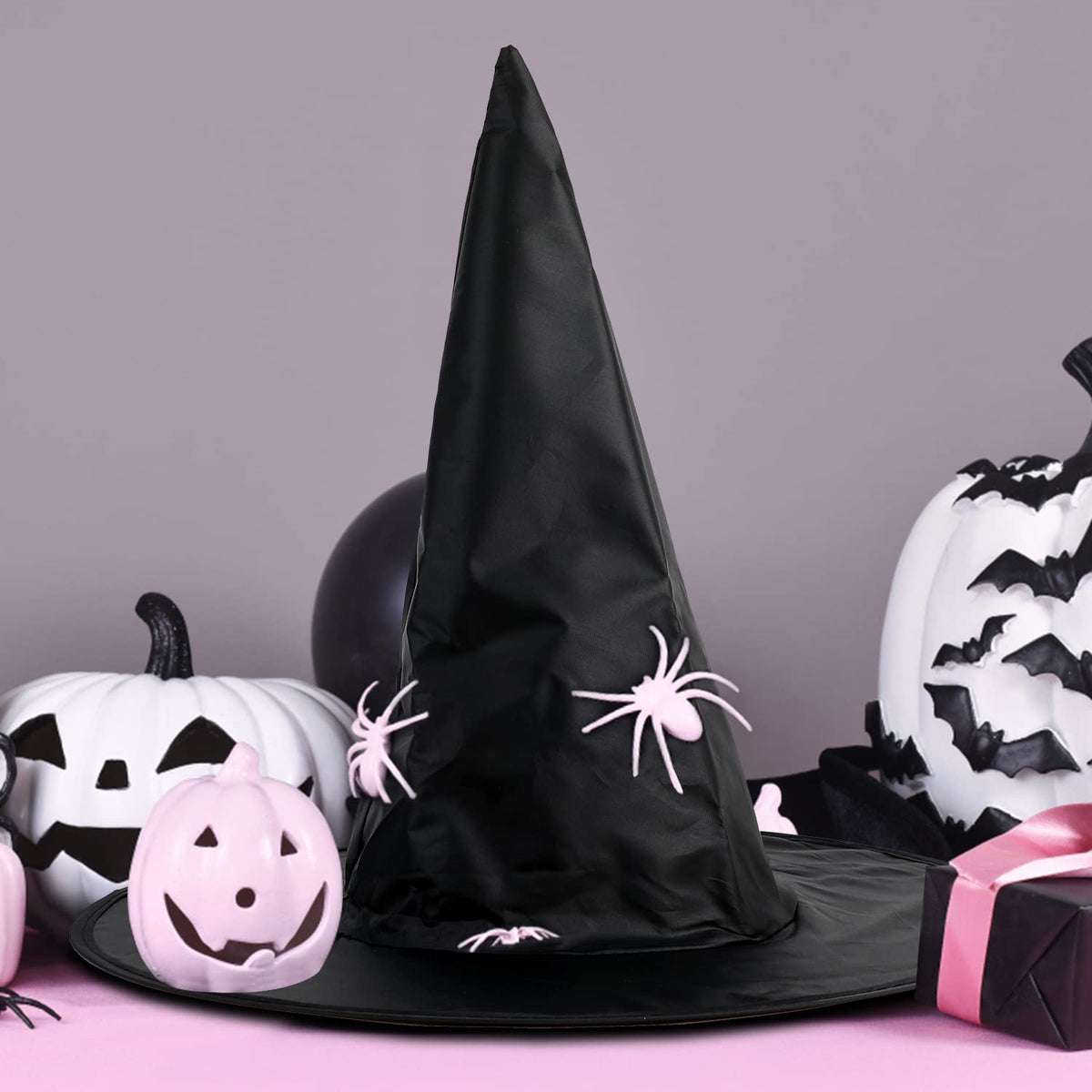 CCINEE 12 Pcs Halloween Decoration Witch Hats, Bulk Hanging Witch Costume Caps Accessories with 120 Pcs Bat Wall Stickers for Halloween Themed Party Yard Decoration