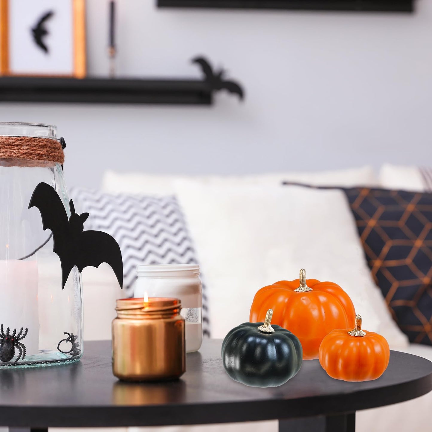 Winlyn 12 Pcs Artificial Orange & Black Pumpkins - Small Decorative Fall Pumpkins for Autumn Harvest, Thanksgiving, Home Party, Wedding Centerpiece, Table Mantel