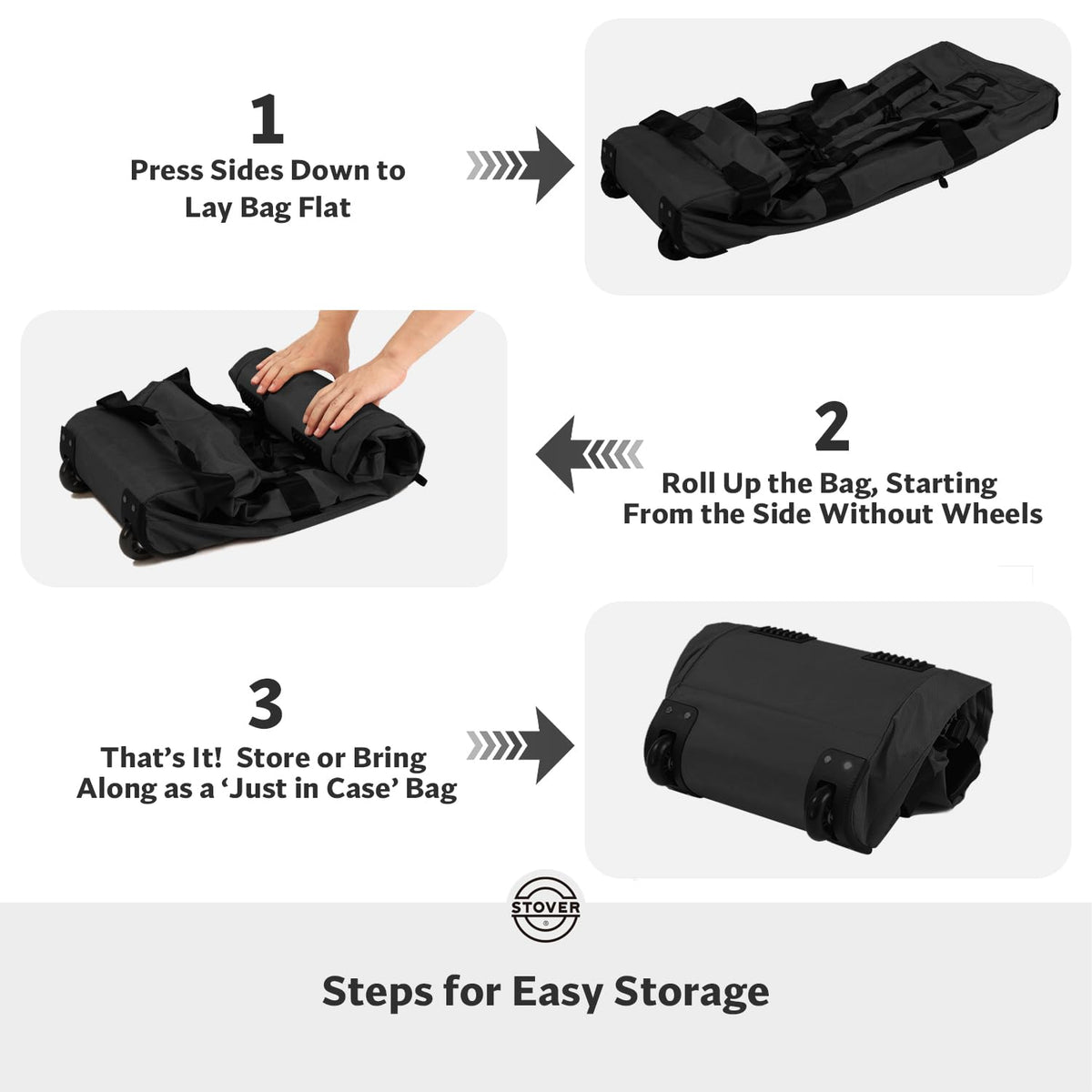 STOVER 45/80/100L Rolling Duffel Bag with Wheels, X-Large Durable Travel Duffle + Toiletry Bag, Heavy Duty, Packable with Shoulder Straps- Use as Luggage or Backpack, Men/Women (Black)