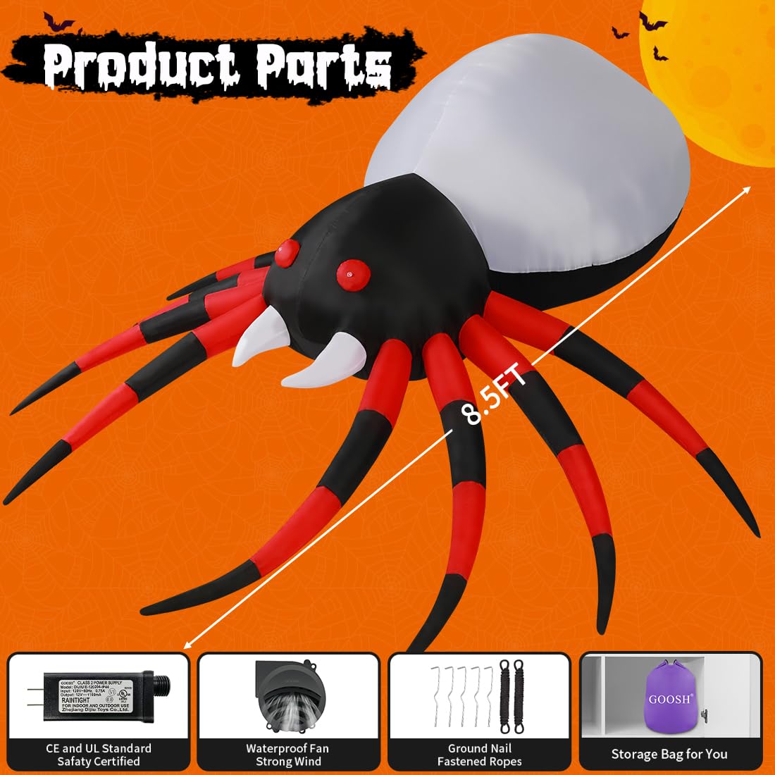 GOOSH 8 FT Width Halloween Inflatables Spider - Blow Up Yard Decorations with Magic Light - Halloween Outdoor Inflatables for Yard Garden Lawn Decor