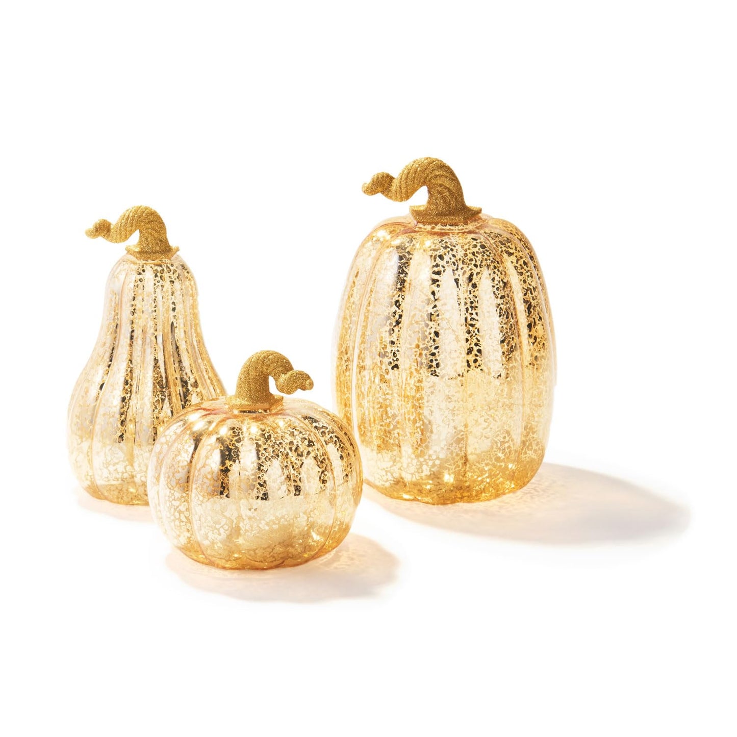 Gold Glass Pumpkin with Lights - Set of 3, Mercury Glass Style, Batteries Included, Thanksgiving Harvest Decorations, Timer, LED Lighted Gold Pumpkins for Decorating Fall