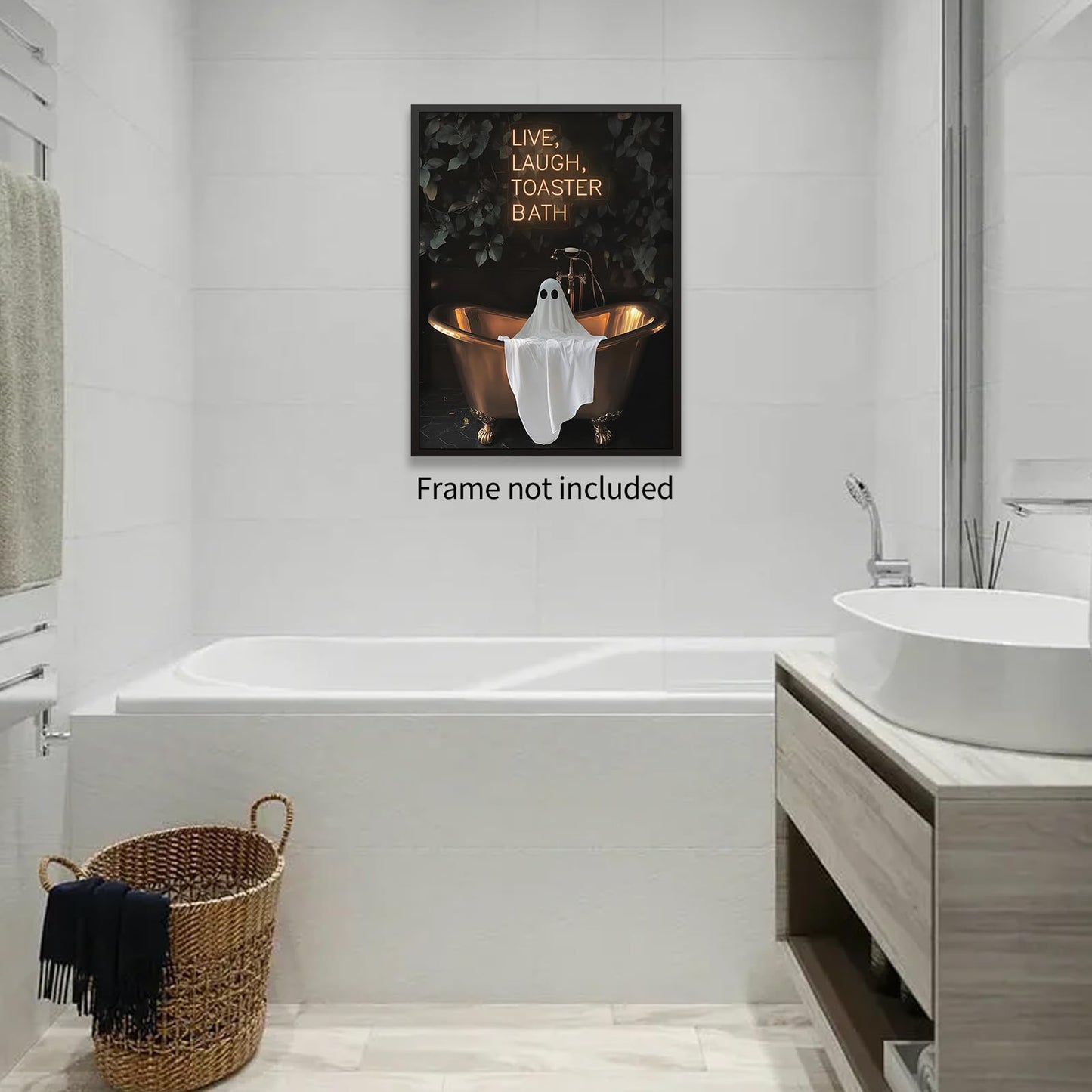 MWZUPQ Halloween Gothic Bath Ghost Poster Dark Horror Fun Bathtub Wall Art Live Laugh Toaster Ghost Canvas Prints for Bathroom Restroom Wall Decor 16X24 inch Unframed