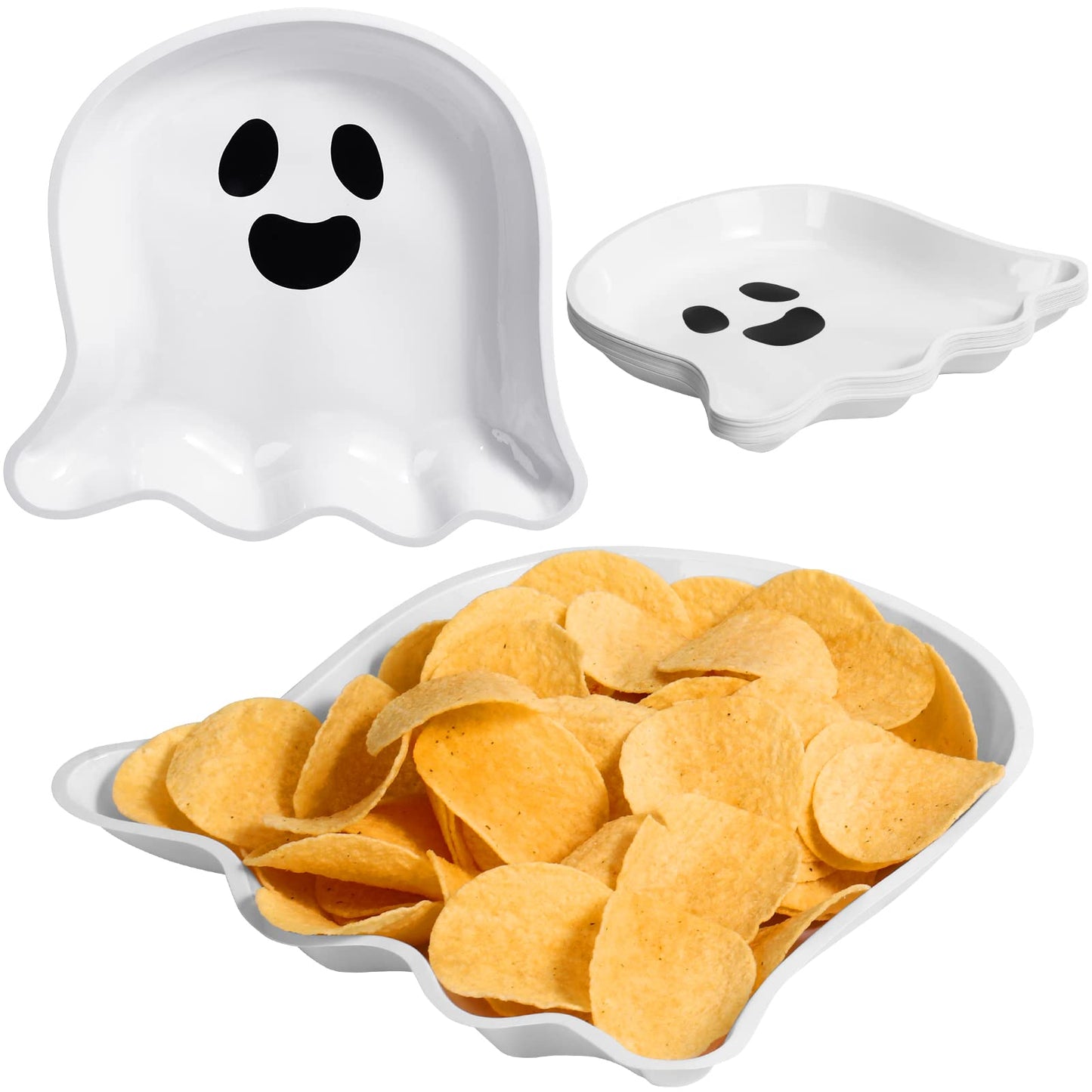 Sawysine 24 Pieces Halloween Party Serving Trays, Plastic Orange Pumpkin Black Cat White Ghost Plates Halloween Party Tableware Supplies for Holiday Decorations(White,Ghost)