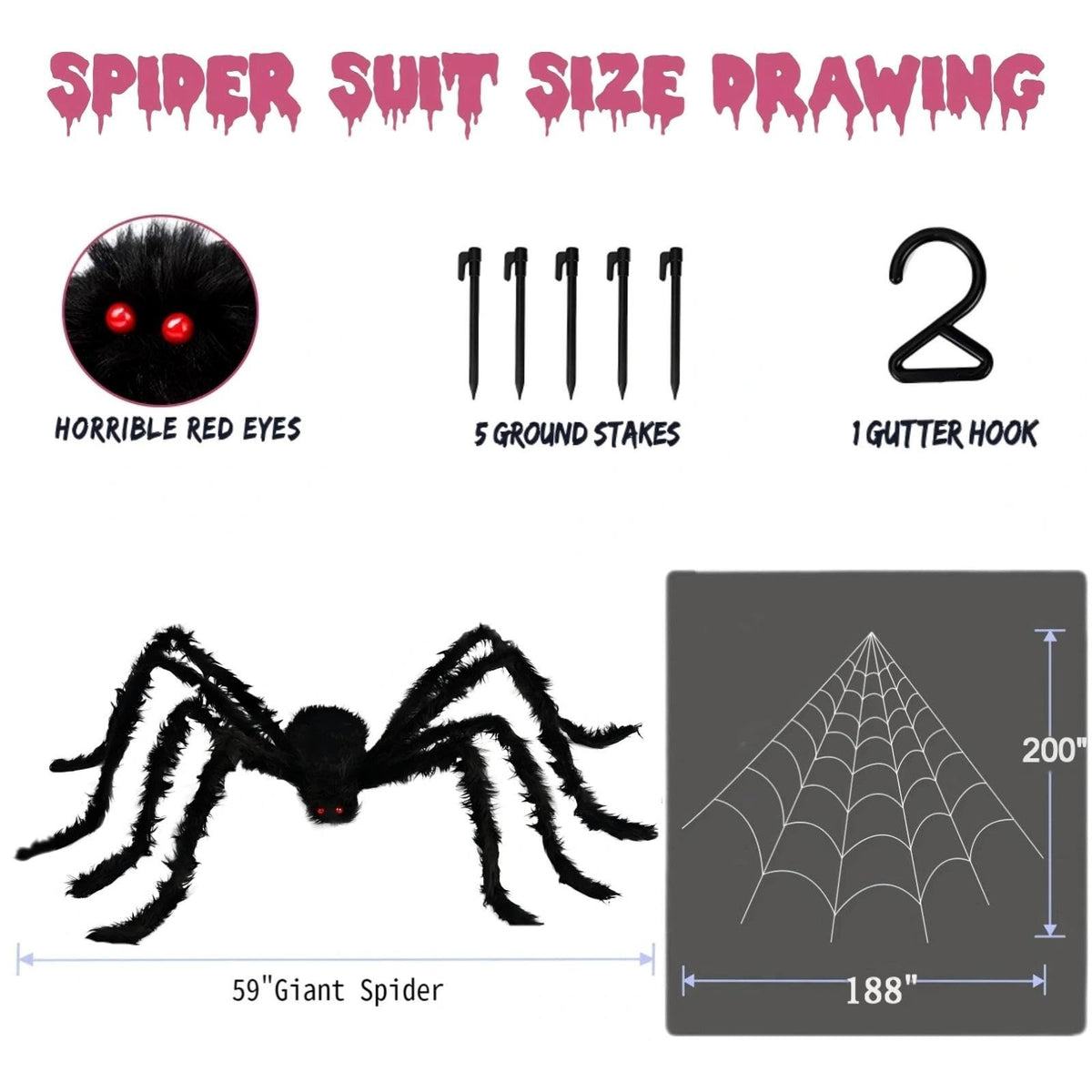 PUHPIG 200" Halloween Spider Web + 59" Giant Spider Decorations, Triangular Huge Spiders Web and Hairy Scary Fake Spider, for Indoor Outdoor Porch Yard, Scary Haunted House Party, and Halloween Décor