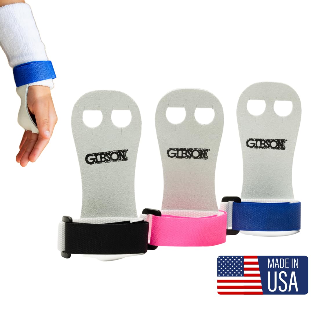 Gibson Athletic Rainbow Gymnastic Grips, 3 SIZES, Medium, Large, X-Large, 3 COLORS, Pink, Blue, Black, MADE IN USA, Beginner Gymnastic Hand Grips, UNISEX, Fit For Kids AND Adults, Long Lasting Leather