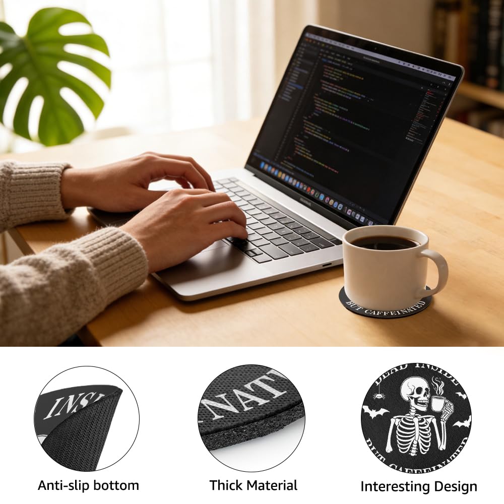 UWXQOJ Funny Skeleton Coffee Coasters Set of 2 – “Dead Inside But Caffeinated” Humor Drink Coasters, Gothic Coffee Lover Gifts, Non-Slip Table Protection for Kitchen & Office Home
