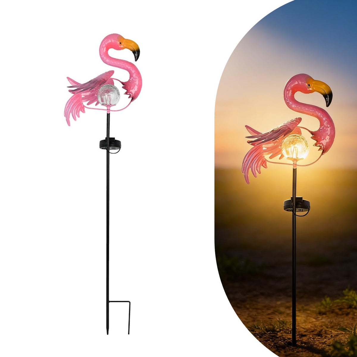Pink Flamingo Lawn Light Garden Decor Solar Lights, for Yard Outdoor Decorations Ground Inserted Outdoor Waterproof Garden Lamp with Crackle Glass Ball LED (Warm White)