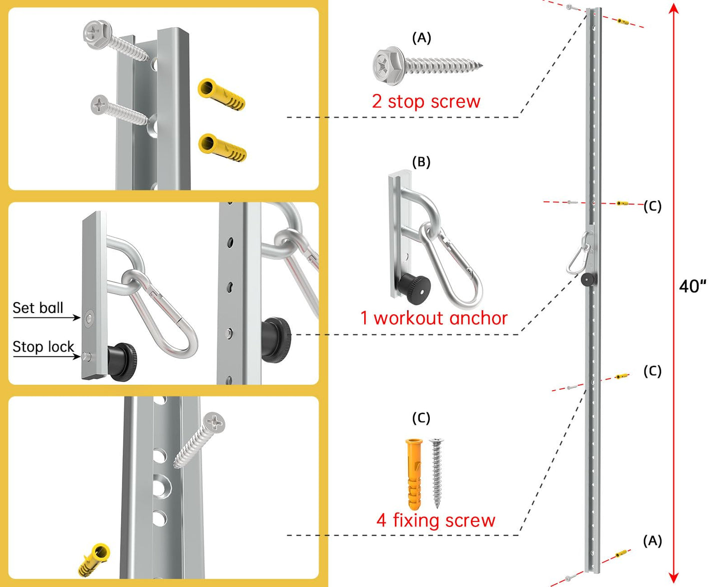 Adjustable Resistance Band Wall Mount System，Resistance Band Wall Anchor with Automatic Locking, Fitness Equipment for Strength Training Compatible with TRX Home Suspension Training Kit ﻿