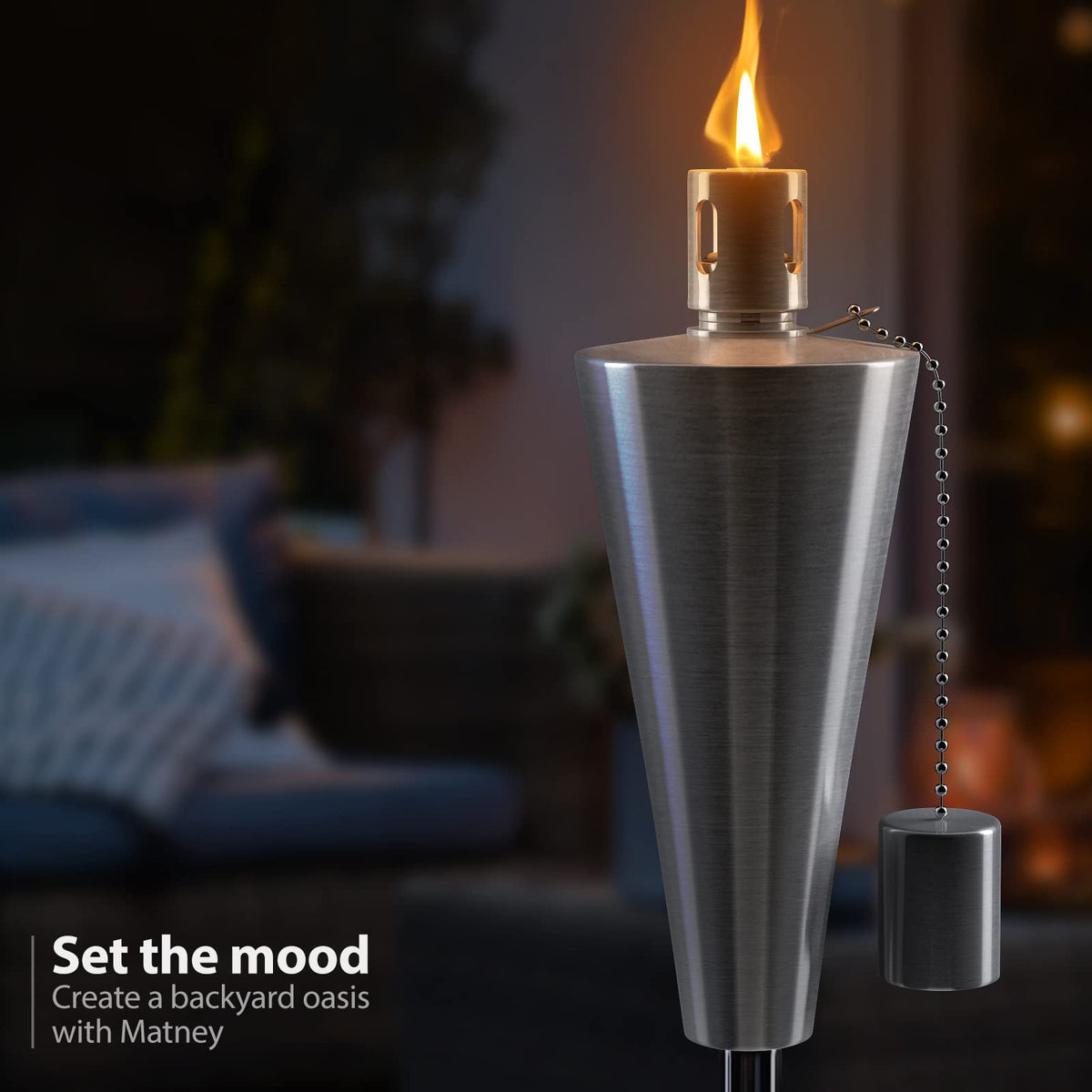 Matney Stainless Steel Tiki Torches Set of 4 - 5 ft Outdoor Oil Lamp with Fiberglass Wick & Snuffer Cap