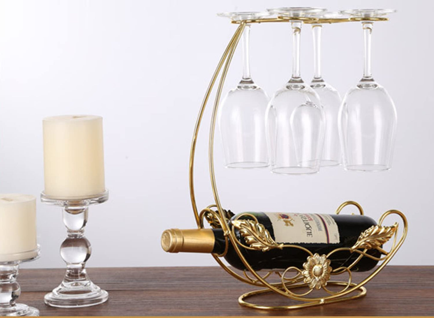 Hongiuia Metal Wine Rack, Tabletop Wine Glass Holder, 1 Bottle+4 Cups Gold