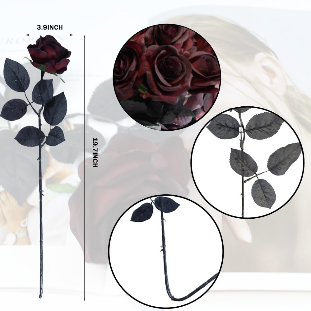 Artificial Roses Flowers, 12 Pcs Fake Burgundy Rose in Bulk, Long Stem Realistic Silk Roses Bouquet for Halloween Decoration, Fall Home Decor, Centerpieces, Flower Arrangement (Burgundy, 12-PCS)