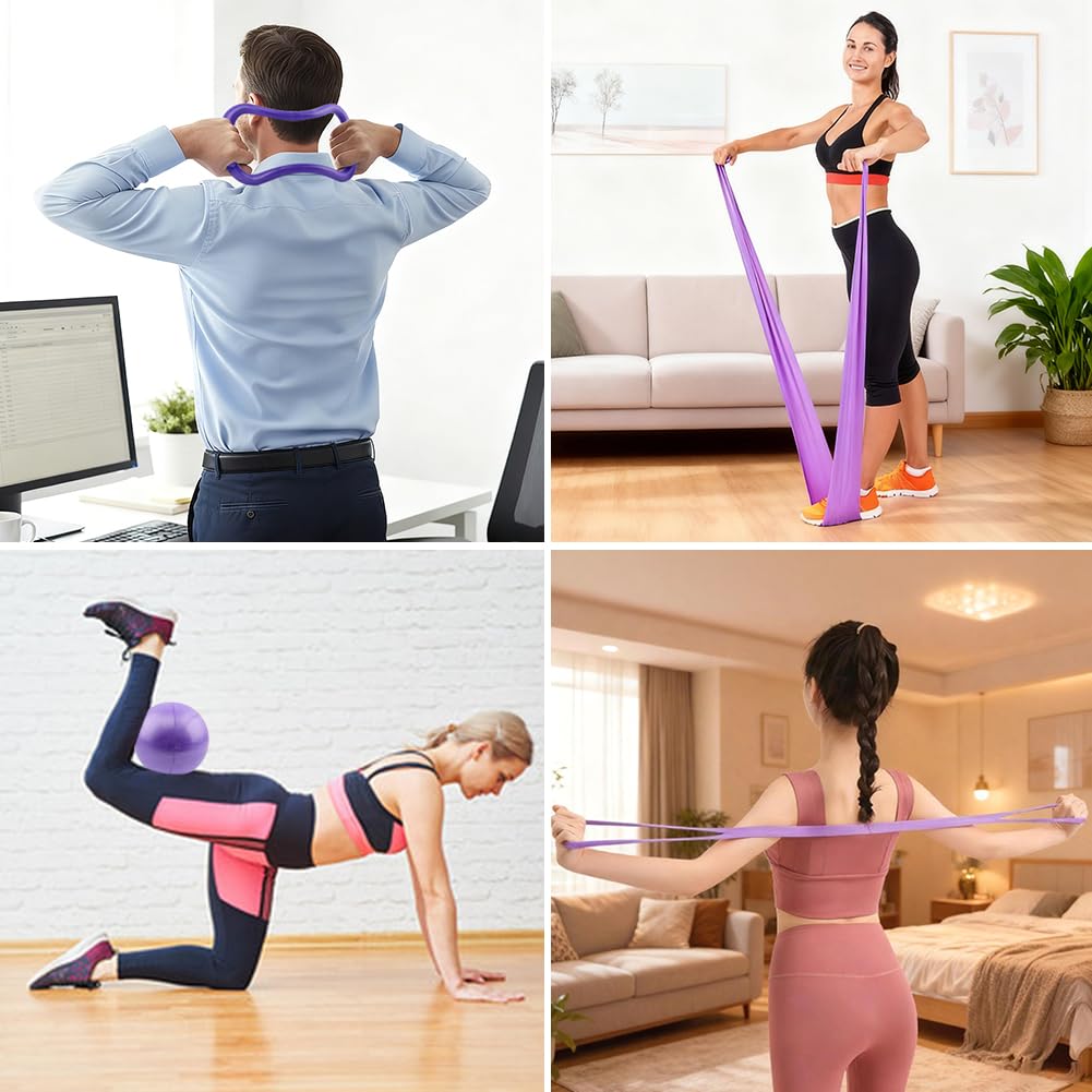 Yonderfume Pilates Essentials Kit for Women, 14 Pcs Home Workout Equipment with Pilates Circle Ball Ring Set Resistance Bands and Anti Slip Sock, Yoga Pilate Essentials Accessories(Color:Purple)