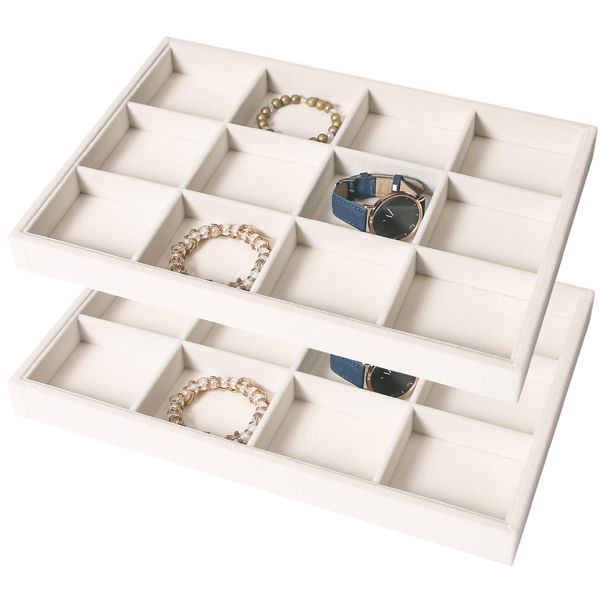 Coward 2PC Stackable 12 Grids Jewelry Organizer Tray Bracelet Display Stand for Selling Velvet Necklace Holder Earring Box Storage (12grid+12grid)